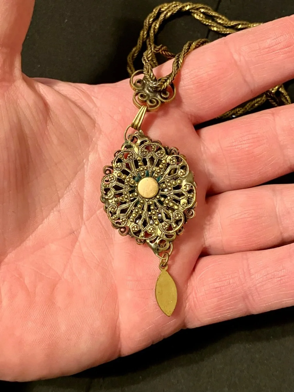 VTG Art Deco Filigree Brass Blue Enamel & Glass Pendant Necklace Neiger ? - Picture 3 of 4